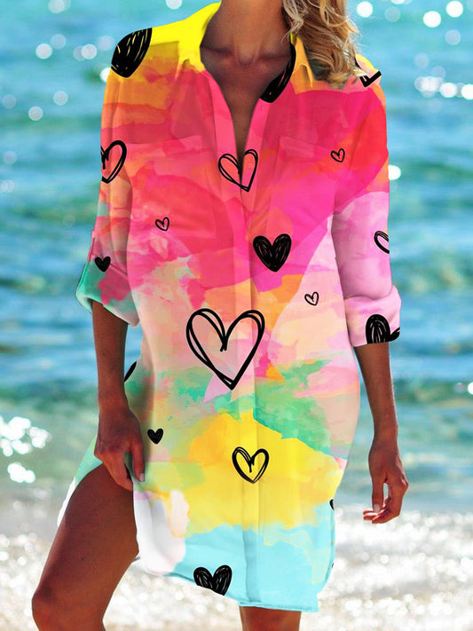 Women's Tie Dye Heart Print Long Sleeve Beach Shirt Dress
