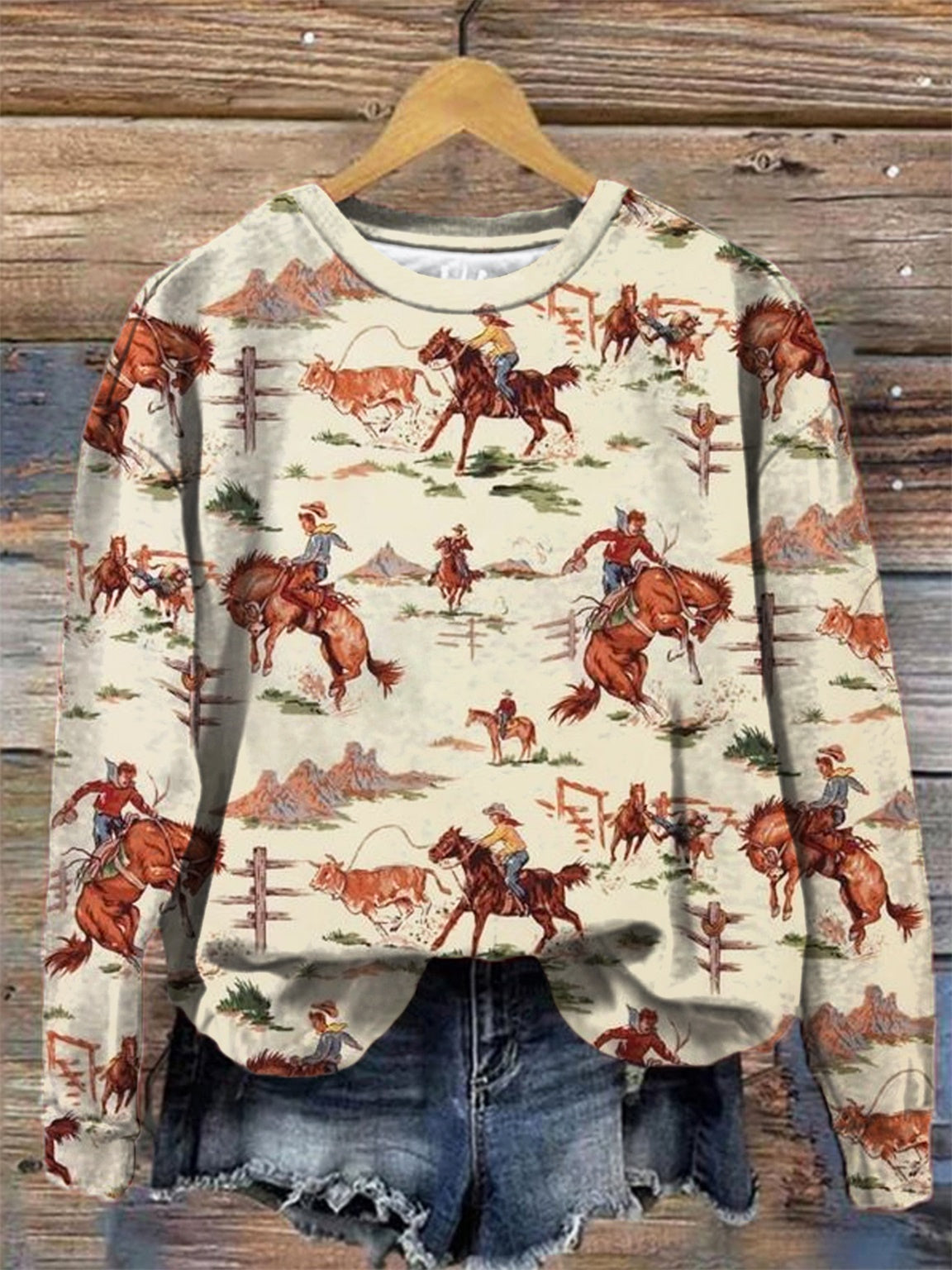 Women's Western Print Crew Neck Long Sleeve Top