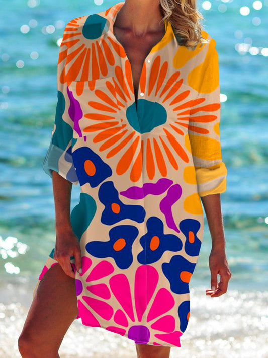 Flower Painting Art Long Sleeve Beach Shirt Dress