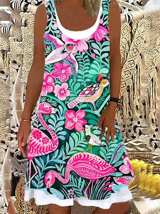 Ladies Bird Flower Flamingo Print False Two Dress
