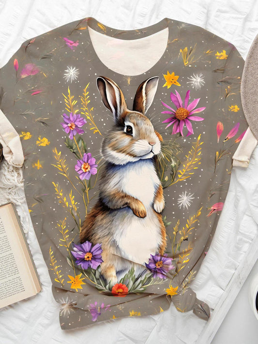 Flower Bunny Print Crew Neck T-shirt
