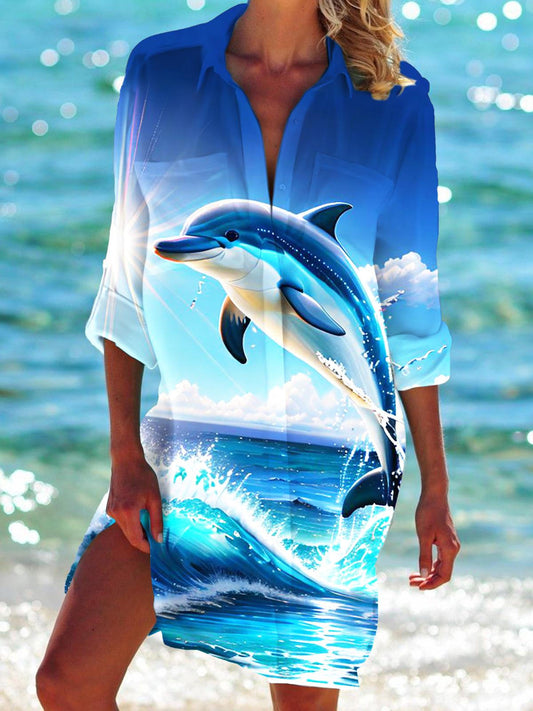 Women's Dolphin Print Casual Long Sleeve Beach Shirt Dress