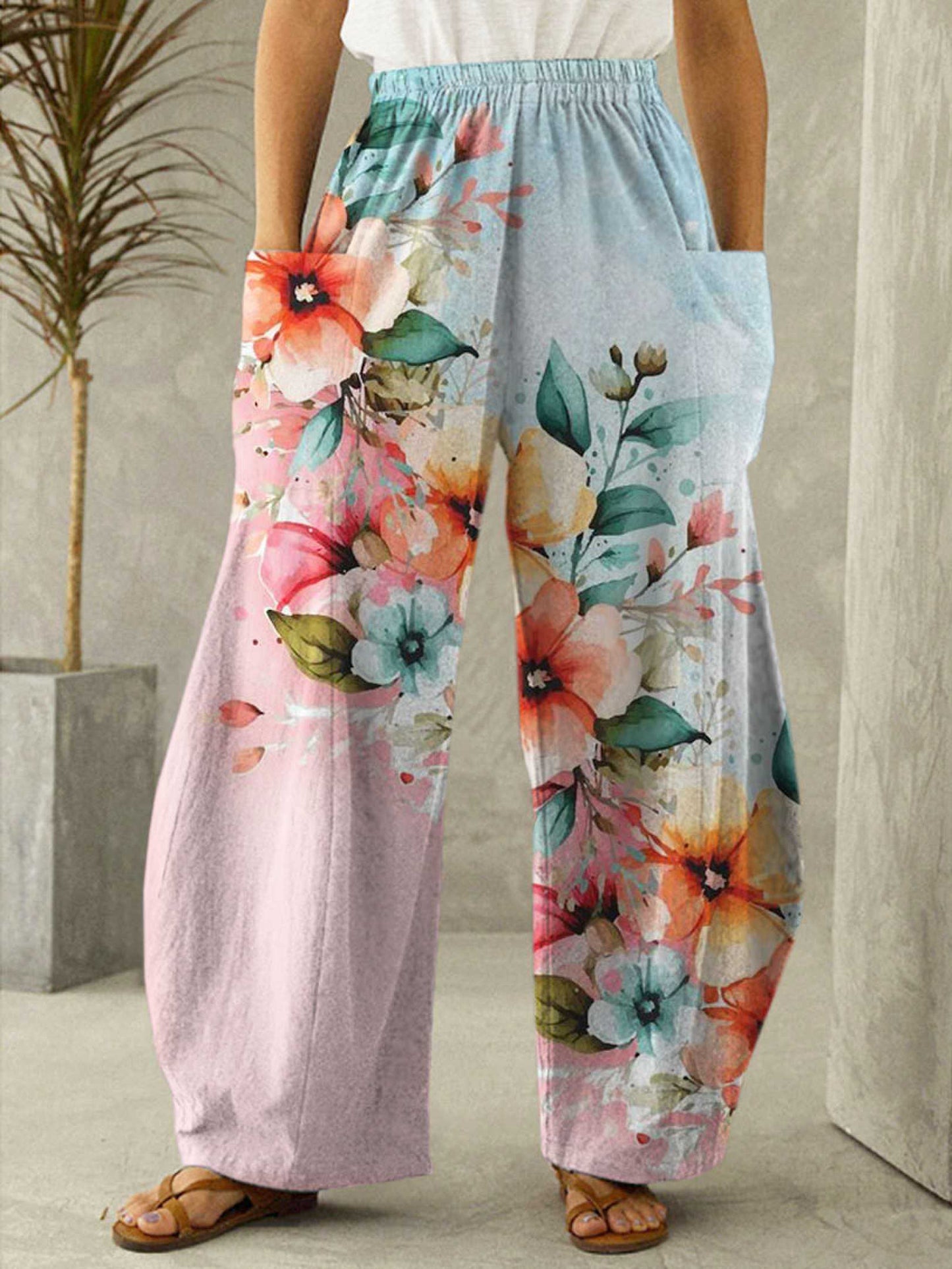 Contrast Color Floral Printed Casual Pants