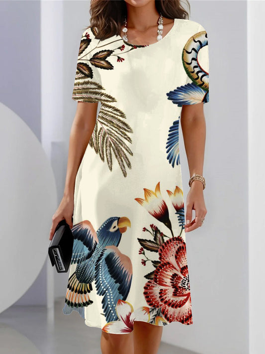 Floral Bird Print Casual Dress