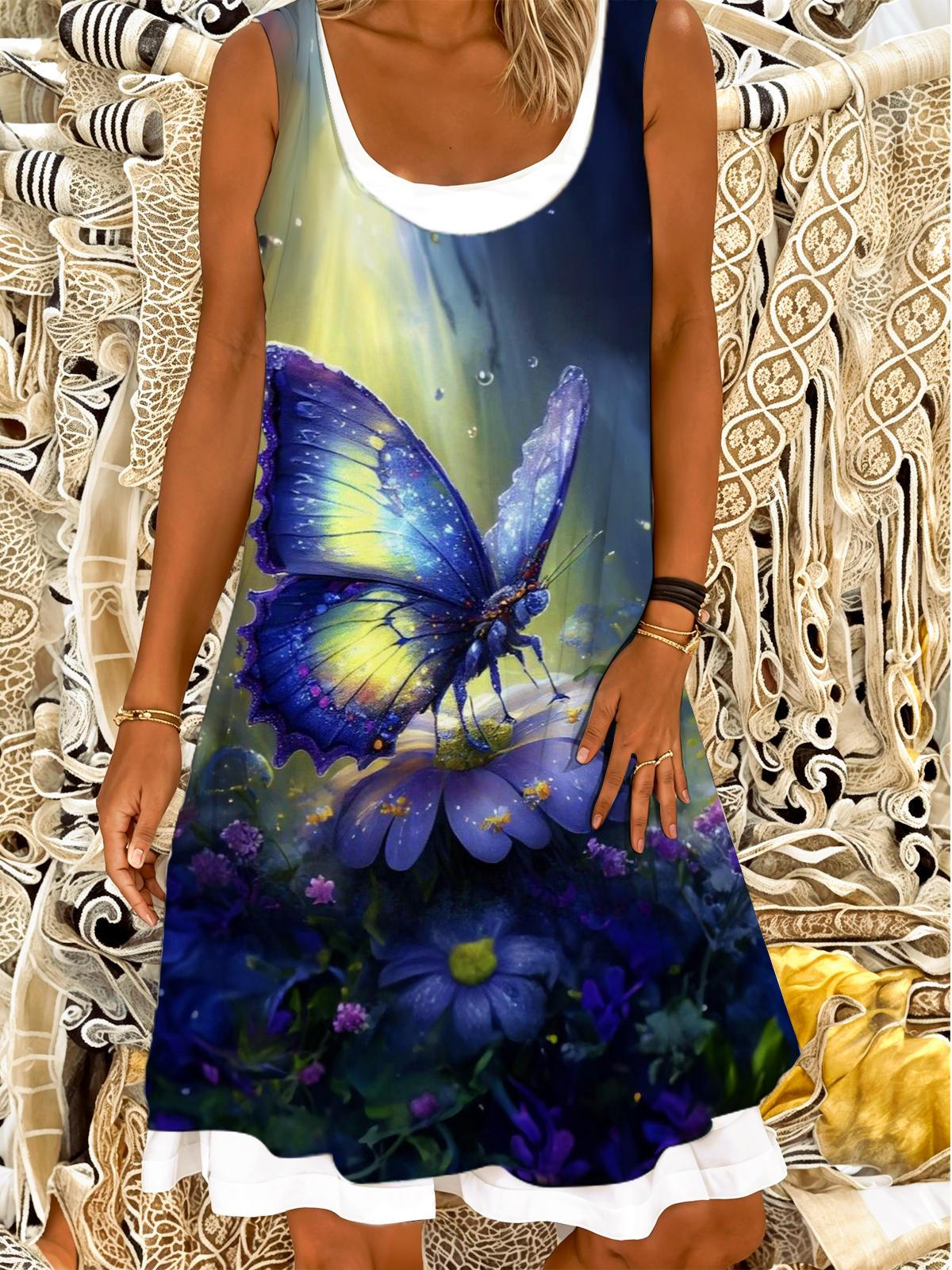 Purple Butterfly Ladies False Two Dress