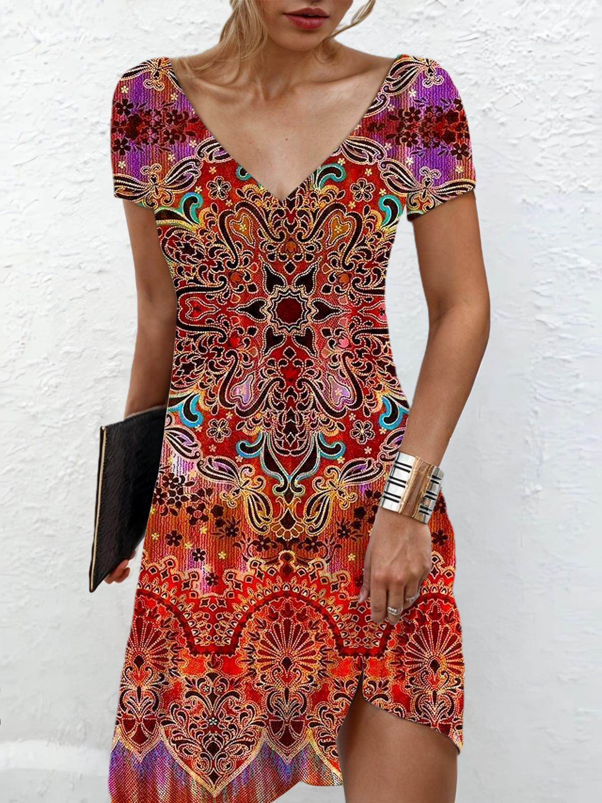 Floral V Neck Short Sleeve Dress