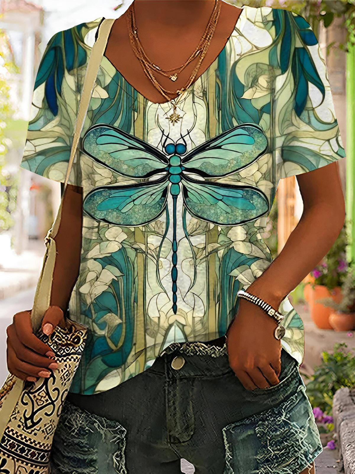 Women's Dragonfly Print V-Neck Short Sleeve T-Shirt