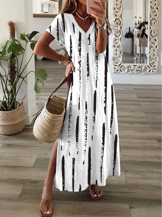 Abstract Line Short Sleeve V Neck Maxi Dress