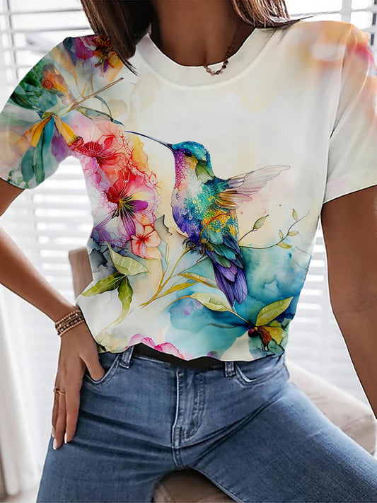 Hummingbird Flower Print Casual T-shirt