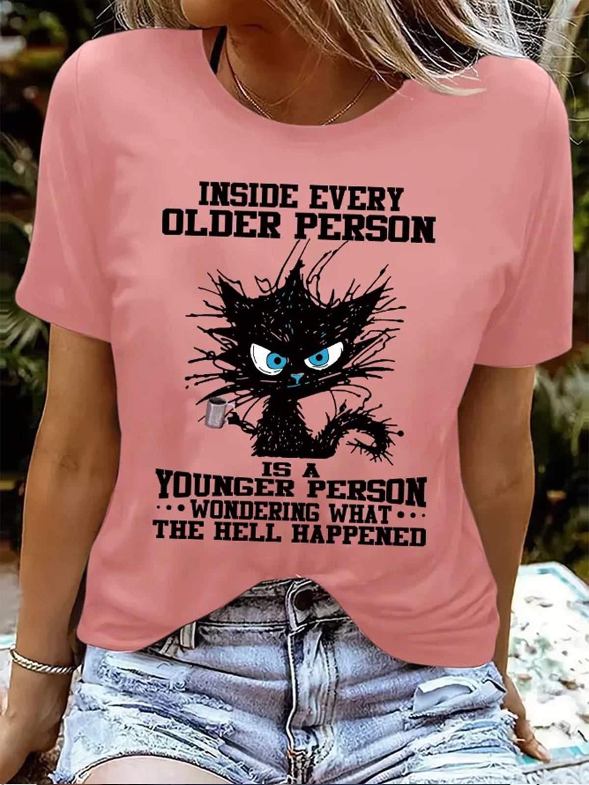 Funny Grumpy Cat Inside Every Older Person Is A Younger Person Crew Neck T-shirt