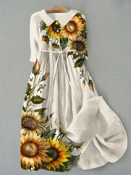 Women's Sunflower Print Casual Shirt Dress