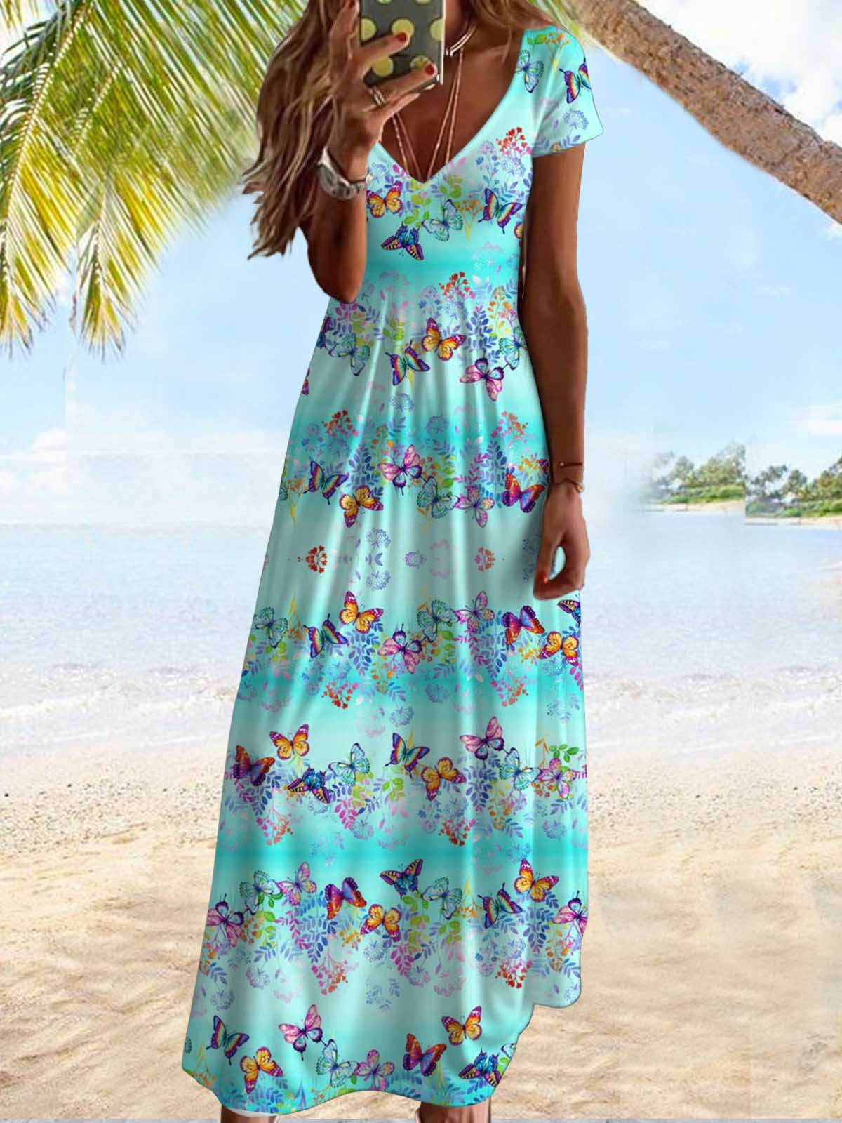 Butterfly Gradient Print Short Sleeve V Neck Maxi Dress