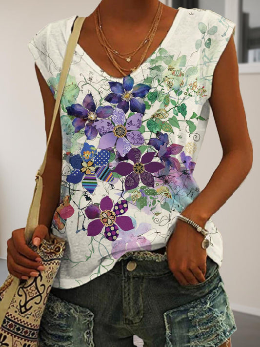 Purple Flower Printed V-neck Sleeveless Top