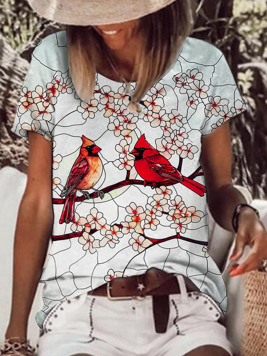 Floral Cardinal Bird Print Crew Neck Top