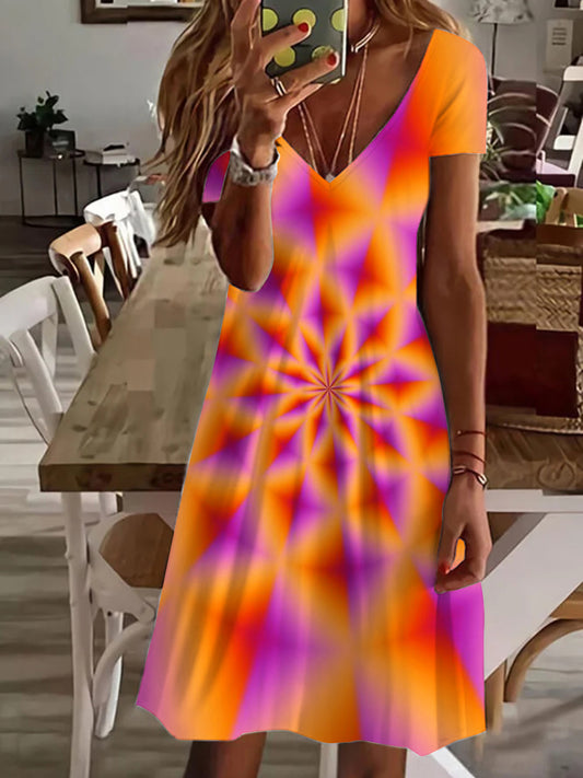 Spin Illusion V Neck Short Sleeve Dress