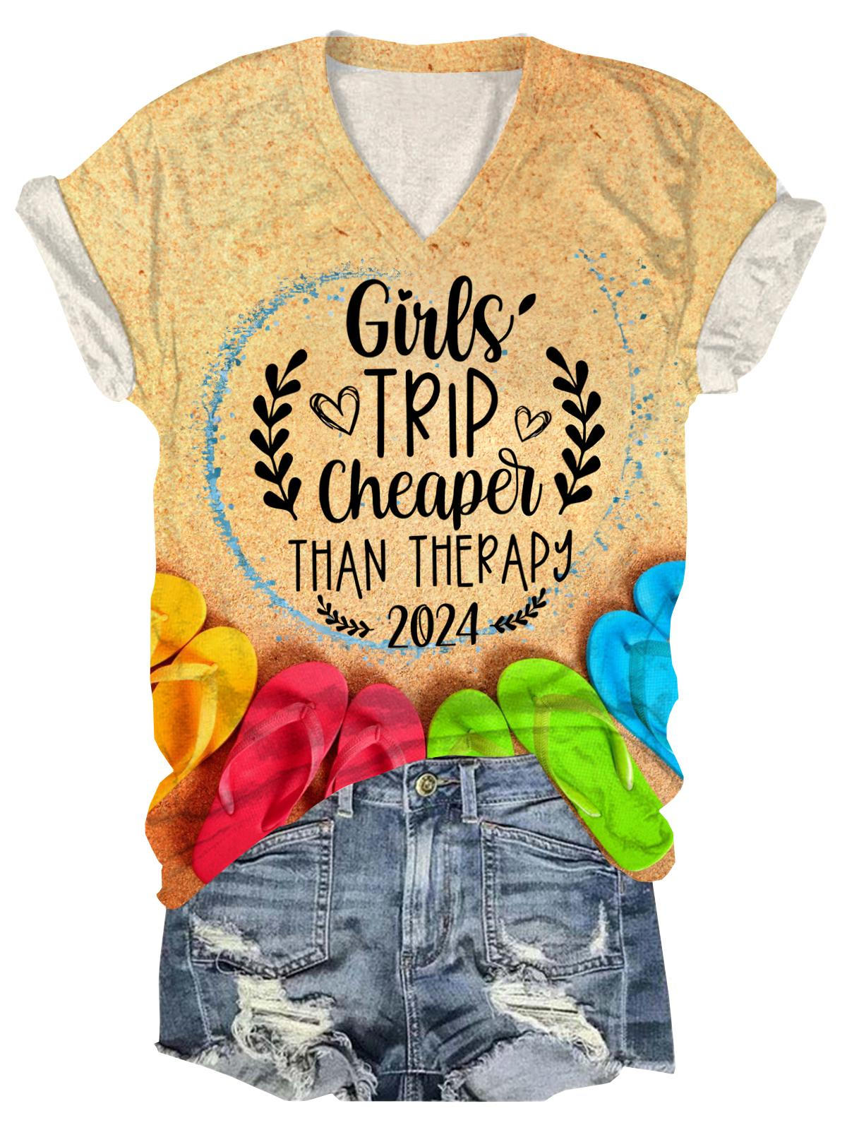 Girl Trip 2024 Print V-Neck Short Sleeve T-Shirt