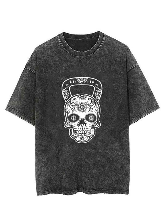 Fitness Kettlebell Skull Unisex Short Sleeve Washed T-Shirt