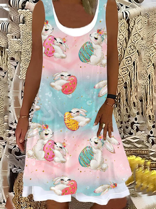 Easter Bunny Print Ladies False Two Dress