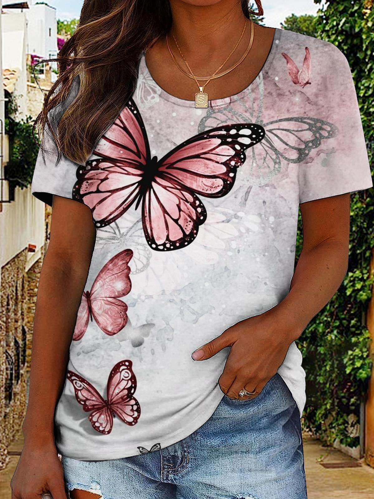 Butterfly Print Round Neck Short Sleeve Top