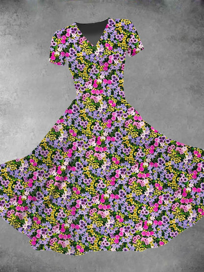 Flower V Neck Short Sleeve Women's Dress