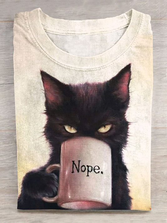 Funny Cat Art Print Crew Neck T-shirt