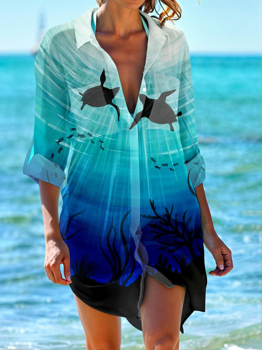 Under The Sea Turtle Long Sleeve Beach Shirt Dress