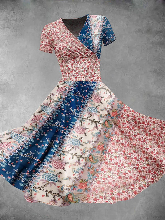 Vintage Flower Pattern V Neck Short Sleeve Women's Dress