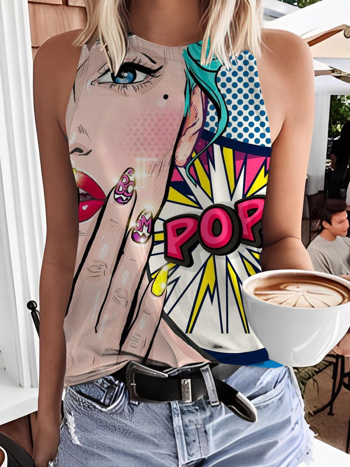 Pop Face Art Print Casual Tank Top