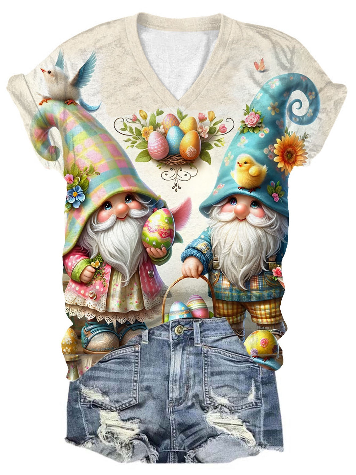 Easter Gnome Short Sleeve V-Neck T-Shirt