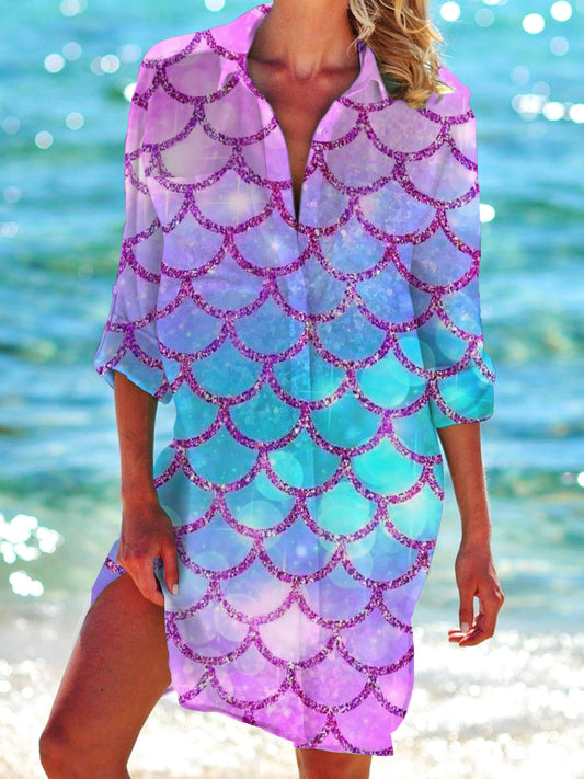 Sequins Fish Scales Print Long Sleeve Beach Shirt Dress