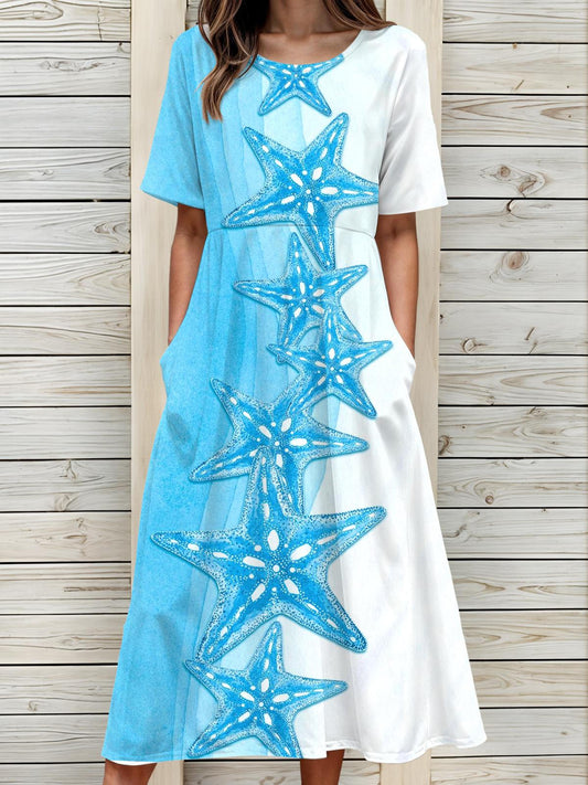 Starfish Print Side Pockets Crew Neck Short Sleeves Dress