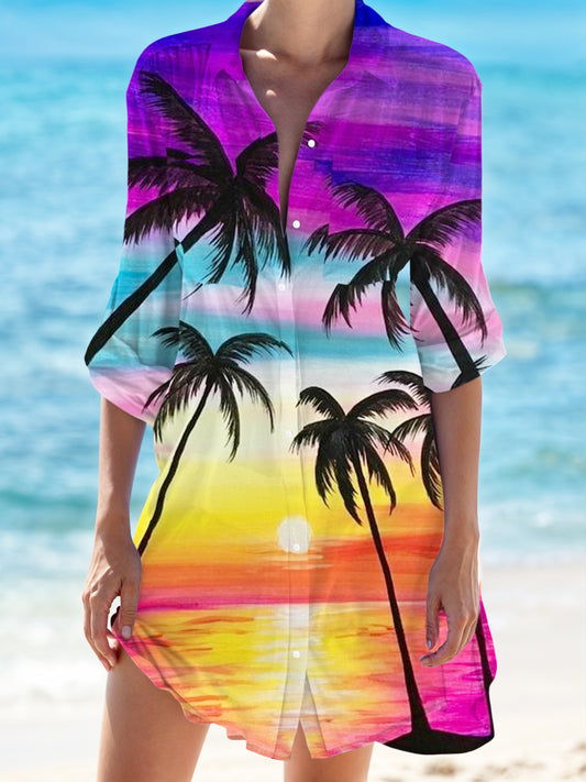 Tropical Paradise Print Beach Shirt Dress