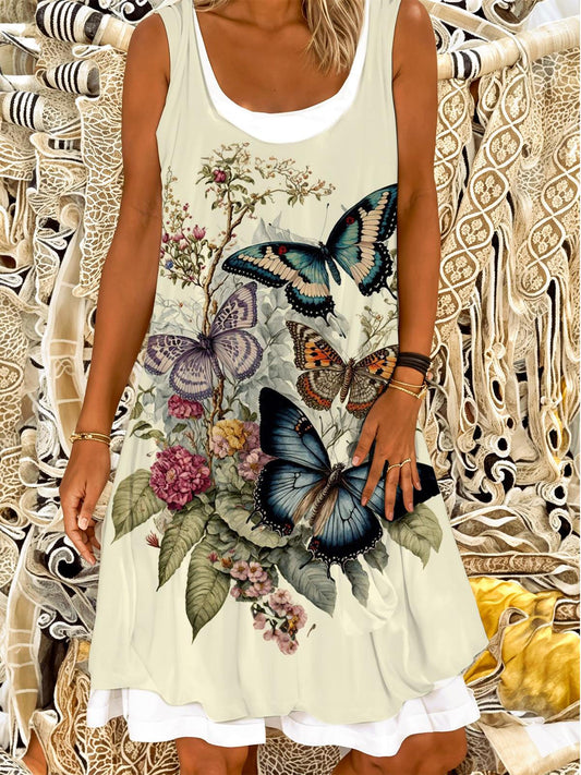 Vintage Butterfly Floral Print Ladies False Two Dress