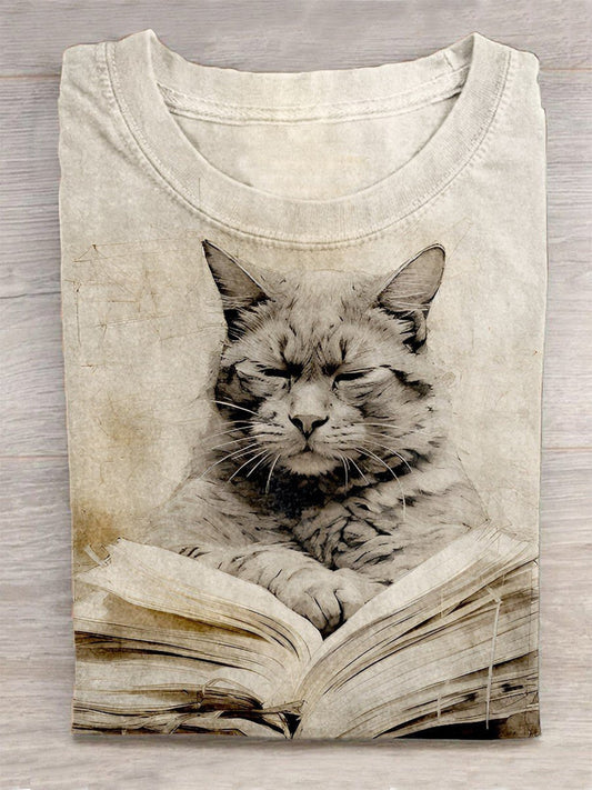 Reading And Pensive Cat Crew Neck T-shirt