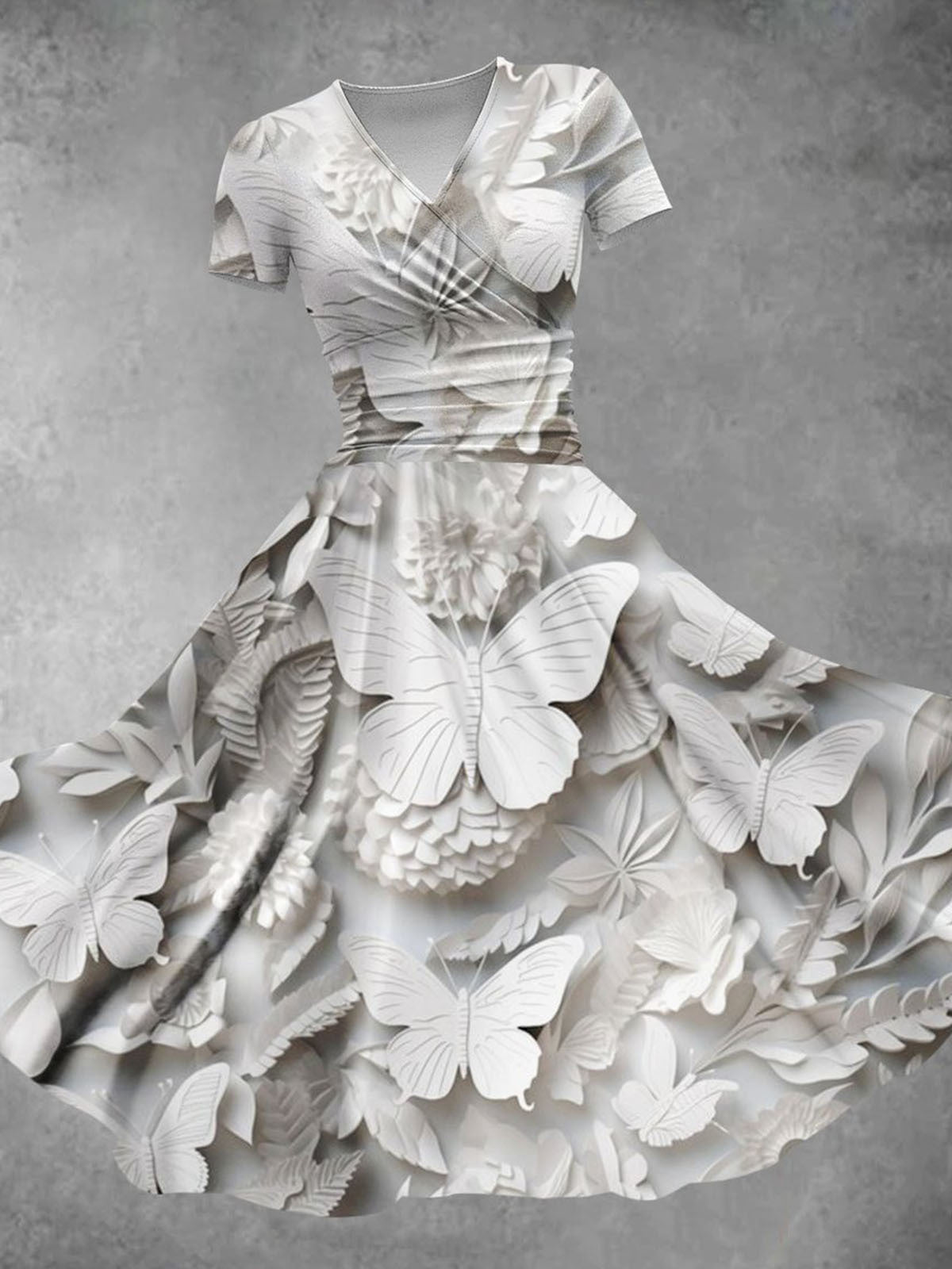 Valentine's Day Butterfly Print Art Design V Neck Short Sleeve Women's Dress