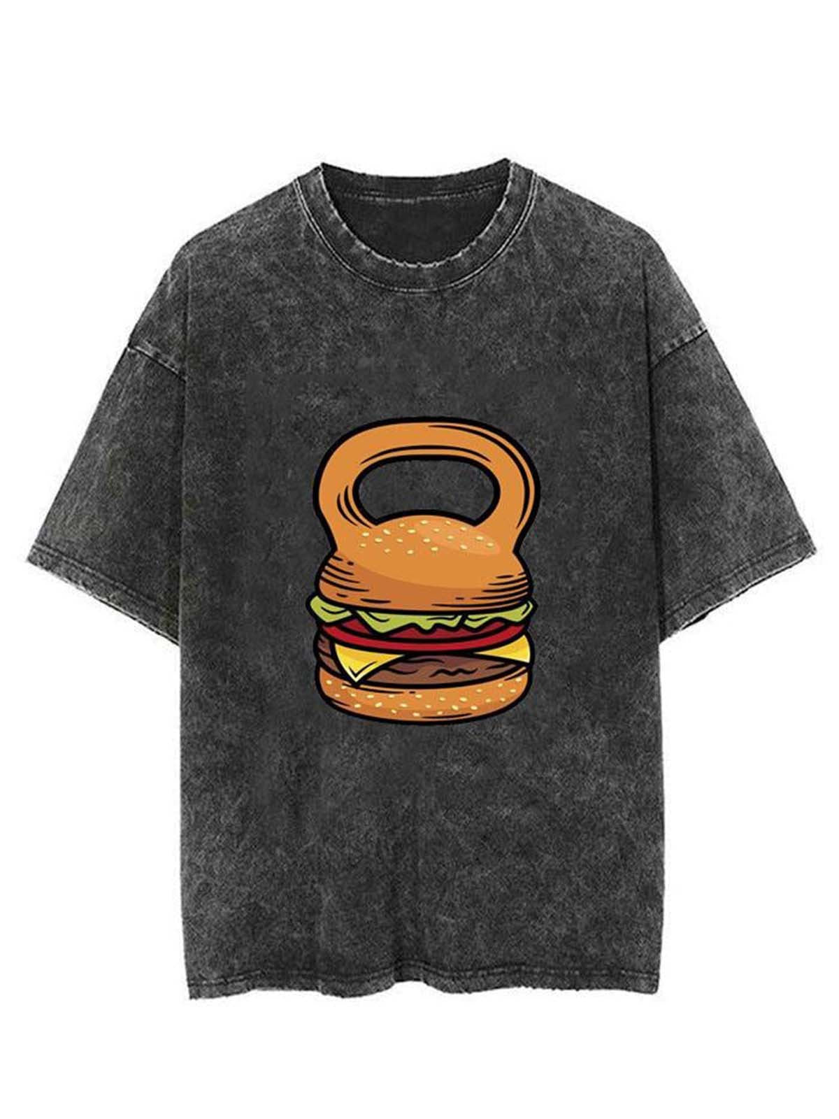 Fitness Kettlebell Hamburger Unisex Short Sleeve Washed T-Shirt