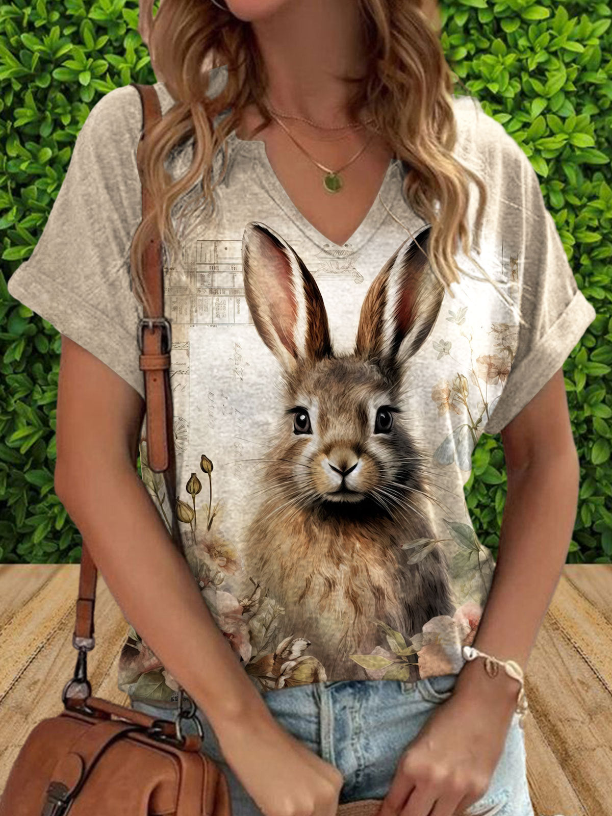 Easter Bunny Print V-Neck Short Sleeve T-Shirt