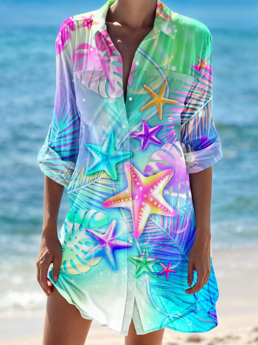 Pink Blue Starfishes Long Sleeve Beach Shirt Dress