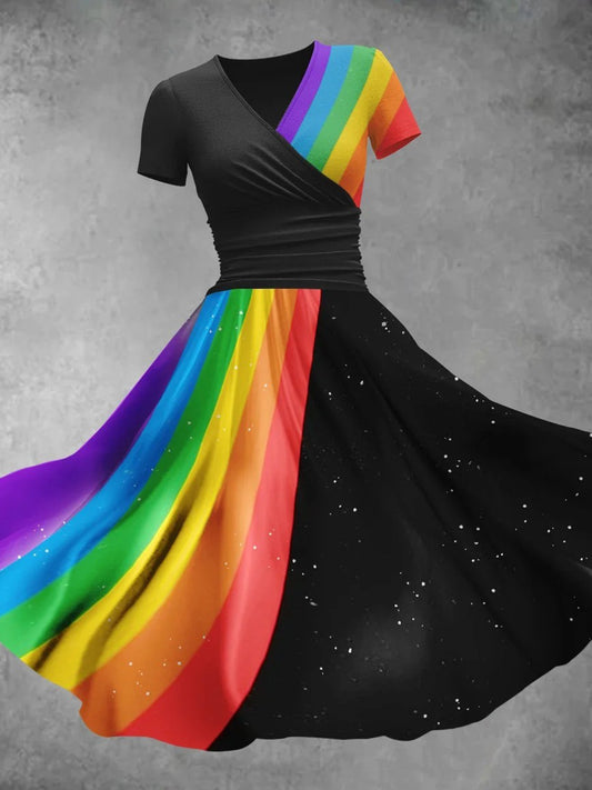 Rainbow Stripes V Neck Short Sleeve Women's Dress