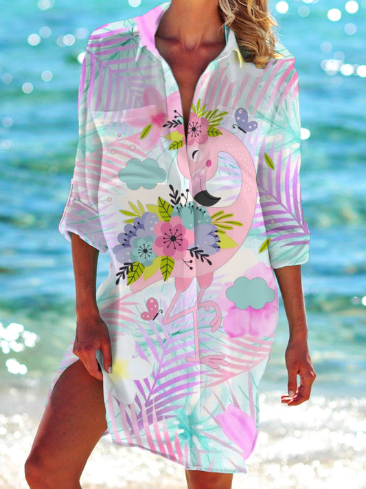 Floral Flamingo Print Long Sleeve Beach Shirt Dress