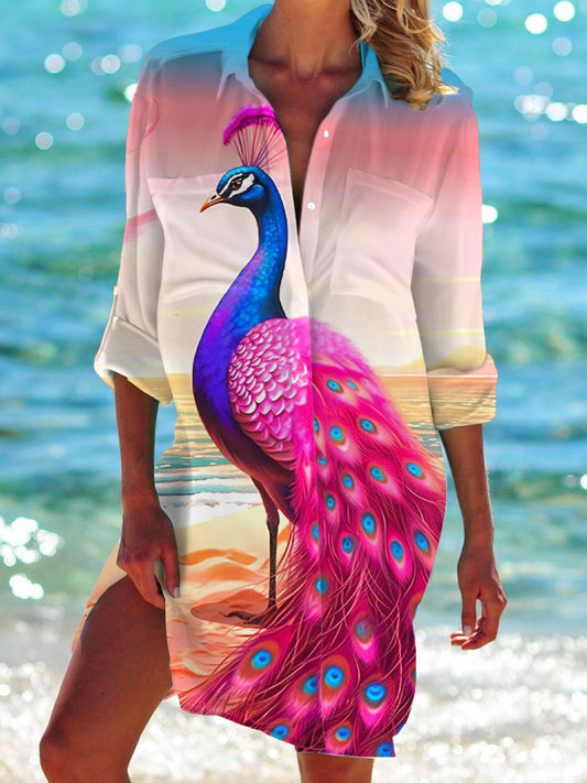 Peacock Print Long Sleeve Beach Shirt Dress