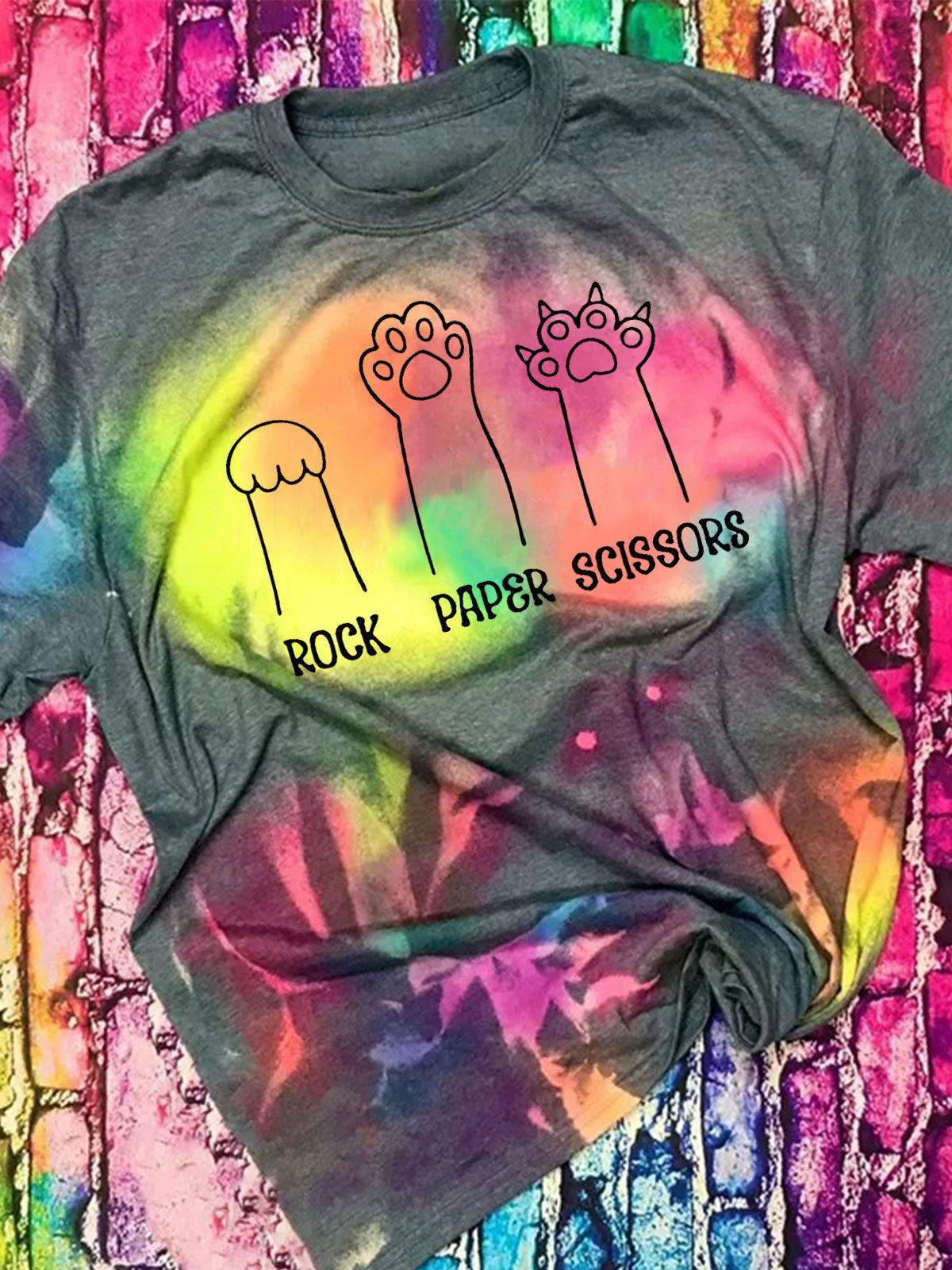 Rock Paper Scissors Funny Cat Print Crew Neck T-shirt