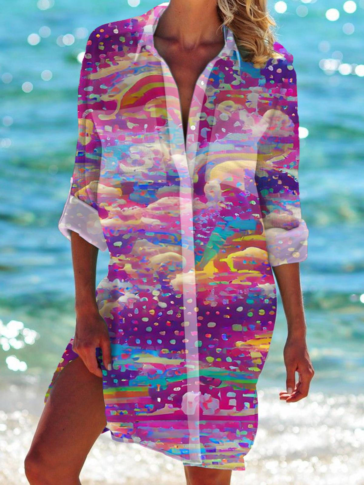 Purple Rainbow Art Long Sleeve Beach Shirt Dress