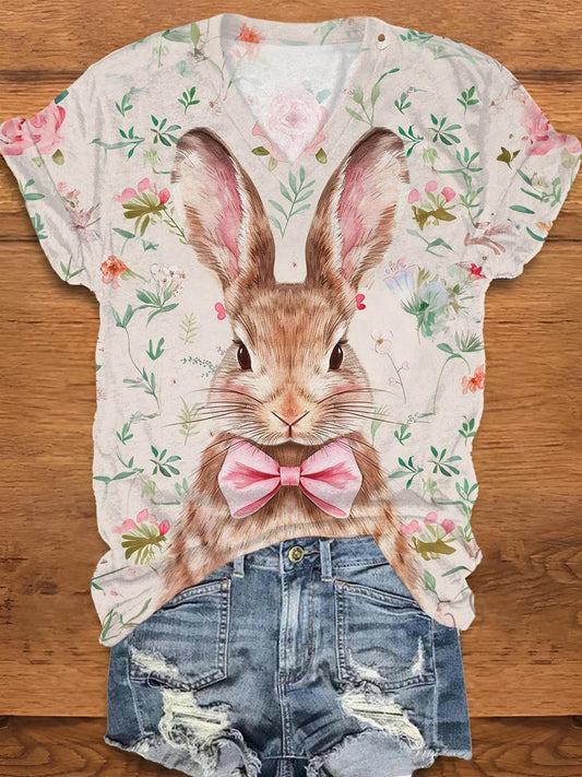 Rose Bow Tie Bunny V-Neck T-Shirt