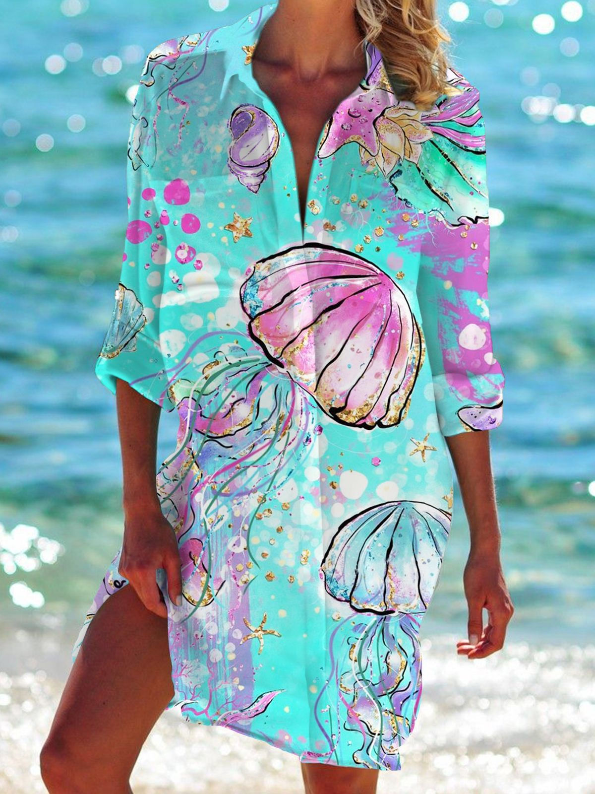 Jellyfish Long Sleeve Beach Shirt Dress