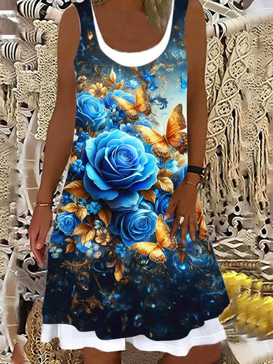 Women's Blue Rose Butterfly Print Casual False Two Dress