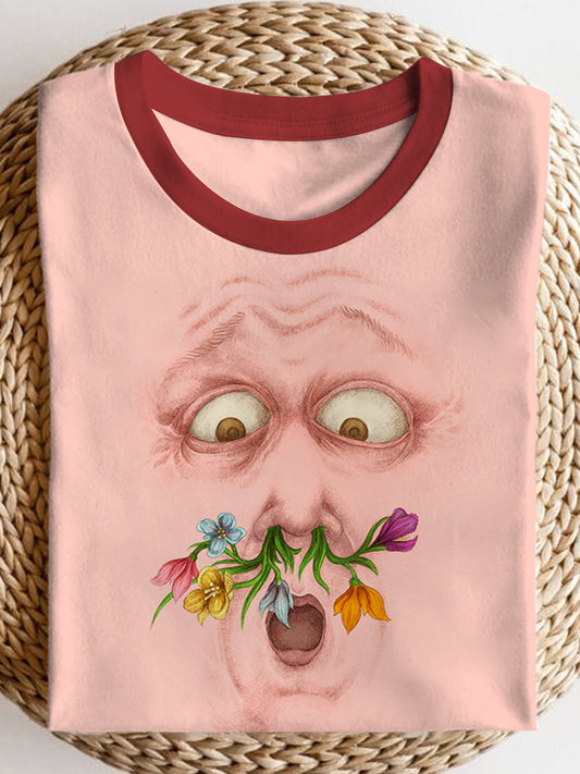 Nonsensical Face Flower Crew Neck T-shirt