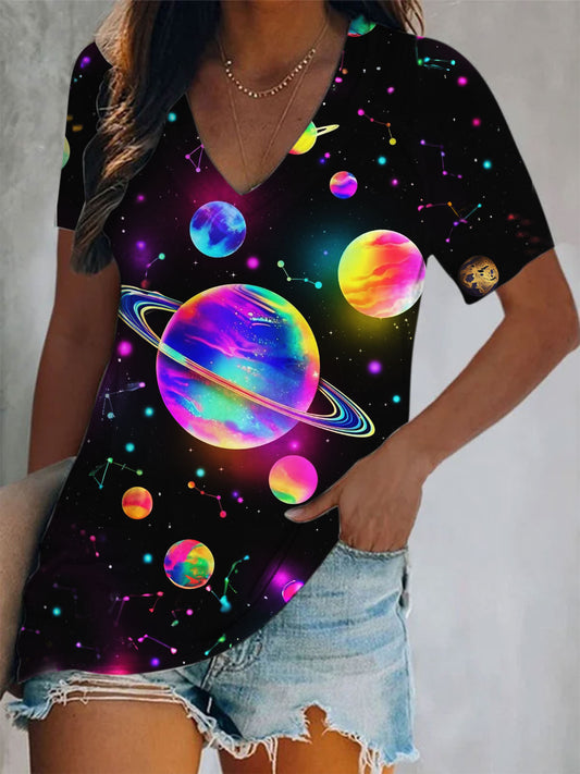 Women's Colorful Planet Print V-Neck Top