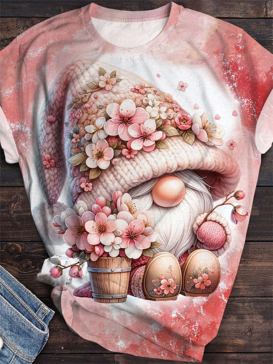 Cherry Blossom Gnomes Print Crew Neck T-Shirt