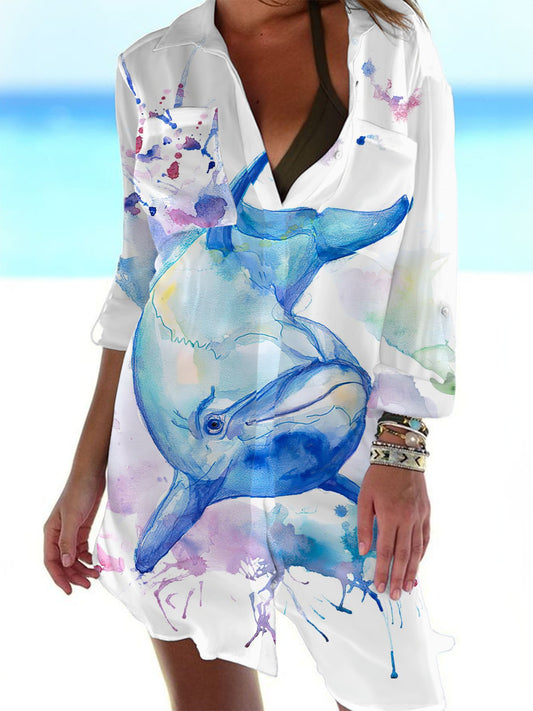 Dolphin Art Sea Life Print Beach Shirt Dress